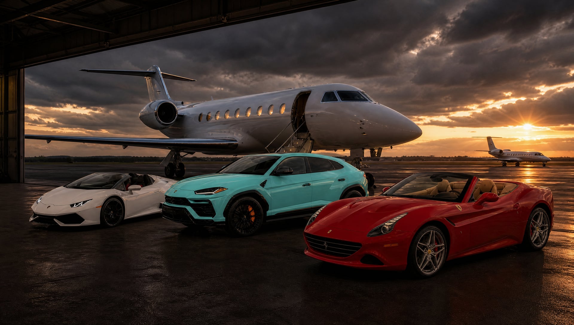 White Lamborghini Huracán Spyder, turquoise Lamborghini Urus and red Ferrari California T, tops down, beside a private jet at sunset
