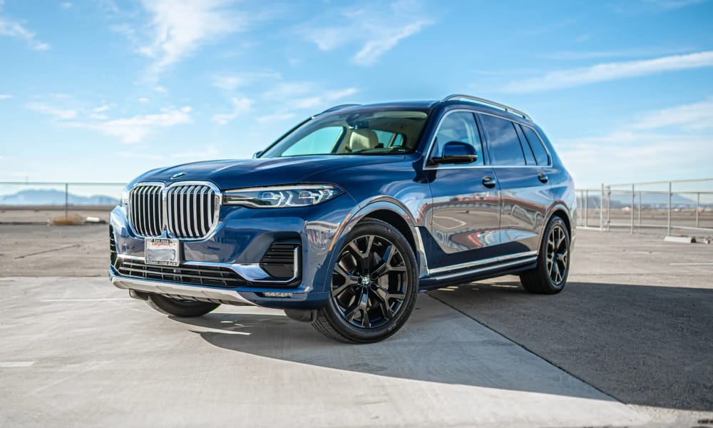 BMW X7, blue, white interior, for rent in the San Francisco Bay Area