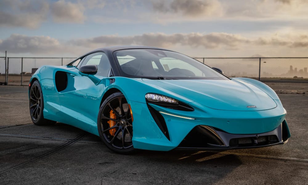McLaren Artura, teal, tan interior, for rent in the San Francisco Bay Area