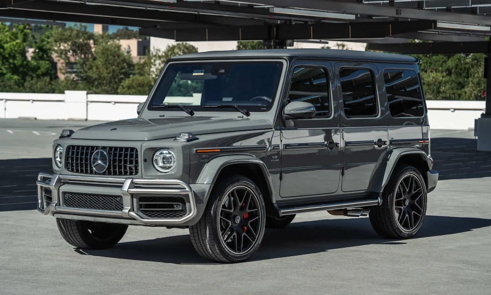 Mercedes-AMG G63, gray, red interior, for rent in the San Francisco Bay Area