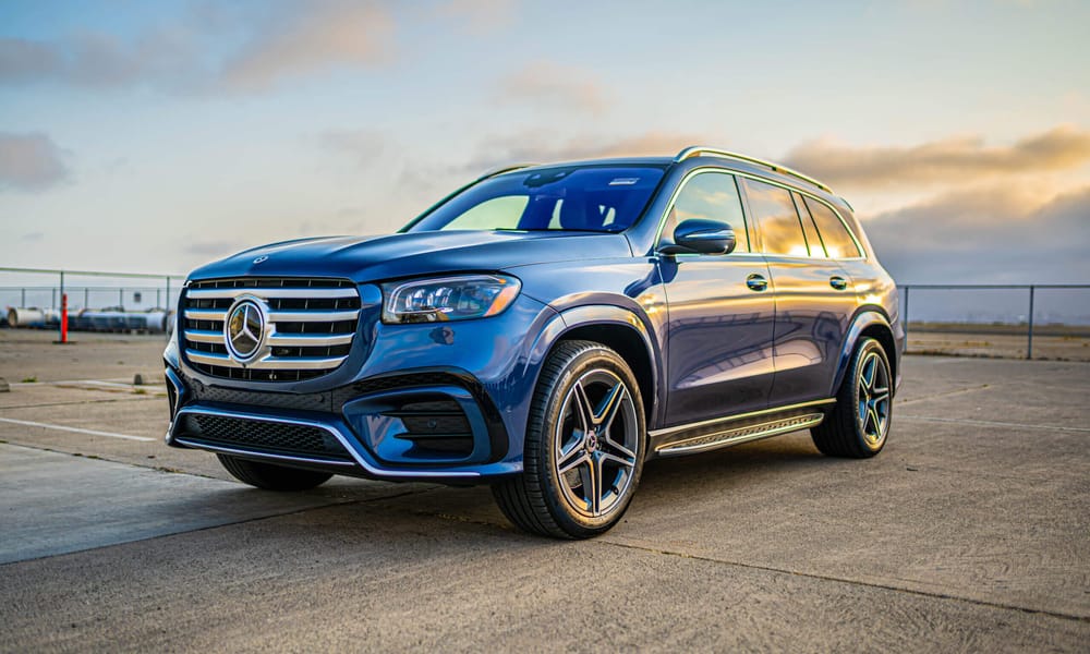 Mercedes-Benz GLS 450, blue, tan interior, for rent in the San Francisco Bay Area