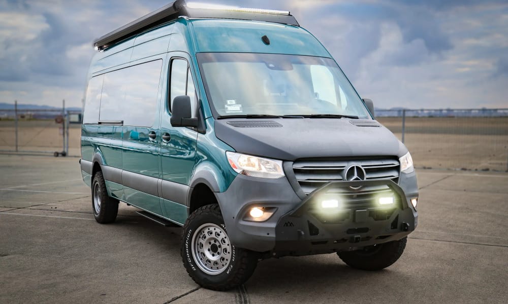 Mercedes-Benz Sprinter 4x4, green, lounge seating, for rent in the San Francisco Bay Area