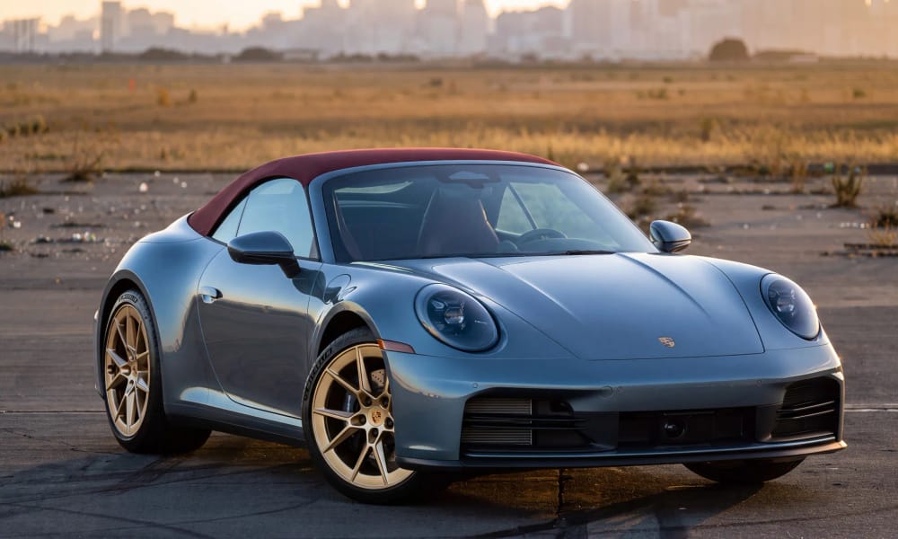 Porsche 911 Carrera Cabriolet, gray, red interior, for rent in the San Francisco Bay Area