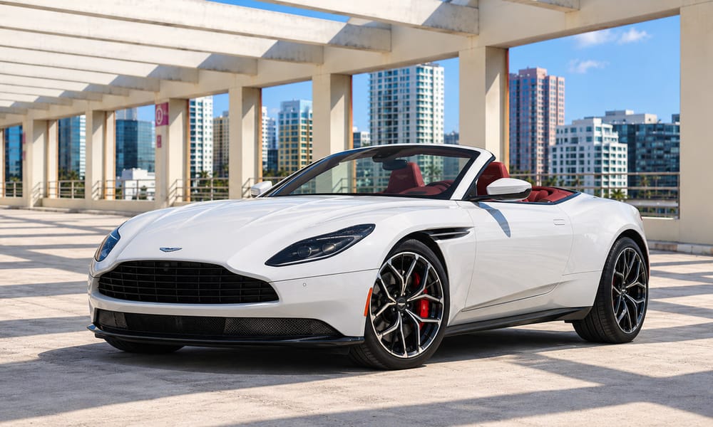 Aston Martin DB11, white, red interior, for rent in Miami