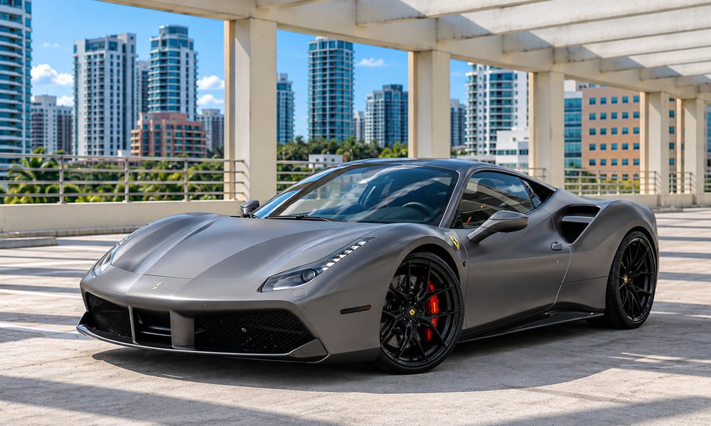 Ferrari 488 GTB, gray, red interior, for rent in Miami