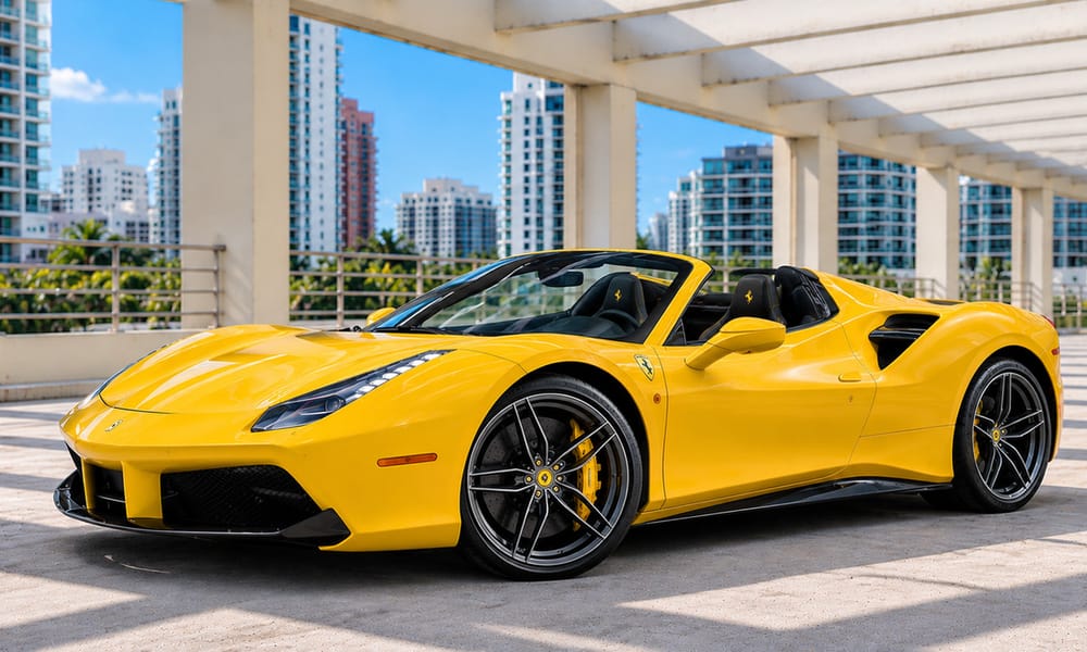 Ferrari 488 Spider, yellow, yellow and black interior, for rent in Miami