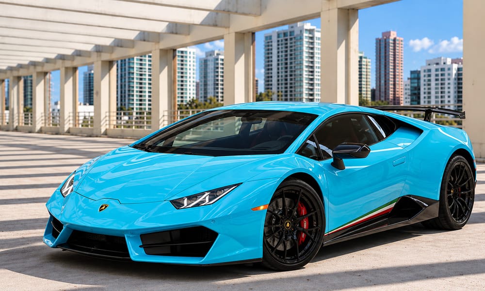 Lamborghini Huracán, blue, red interior, for rent in Miami