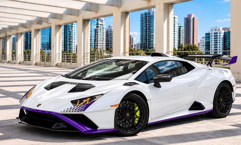 Lamborghini Huracán STO, violet and white, for rent in Miami