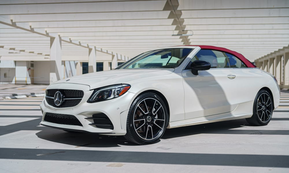 Mercedes-Benz C300 Convertible, white, red interior, for rent in Miami