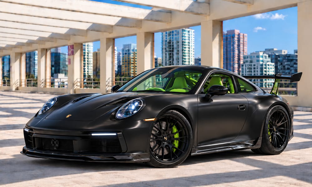 Porsche 911 Carrera S, black, green interior, for rent in Miami