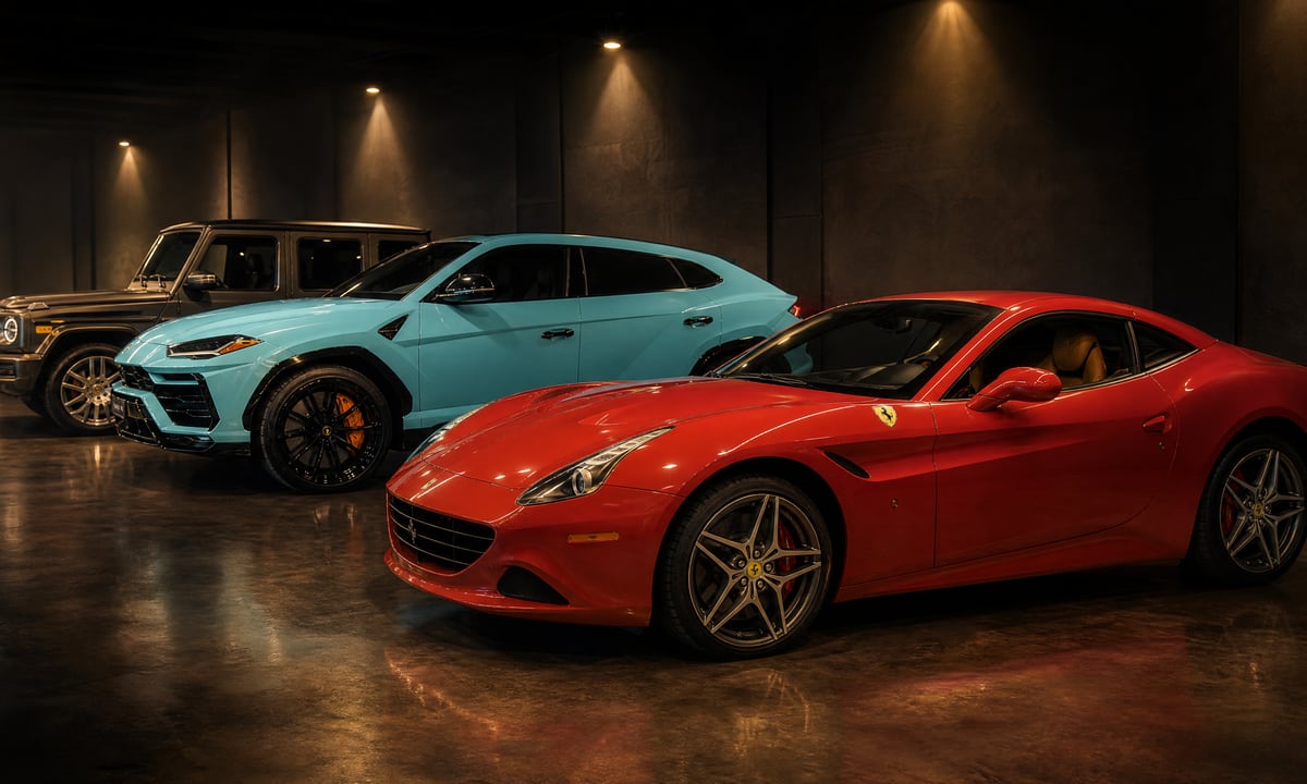 Red Ferrari California T, turquoise Lamborghini Urus and black G-Wagon lined up under studio spotlights
